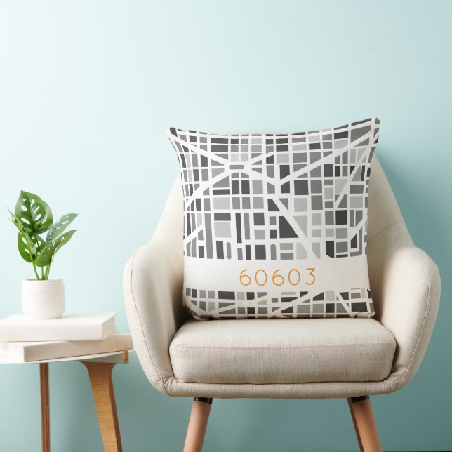 Modern Urban Map Grey White Architectural Zip Code Throw Pillow (Chair)