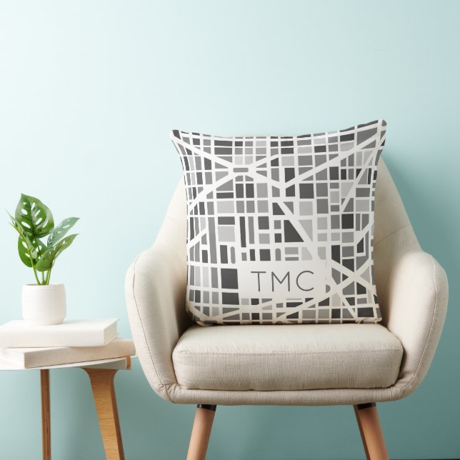 Modern Urban Map Monogram INITIALS Architectural Throw Pillow (Chair)