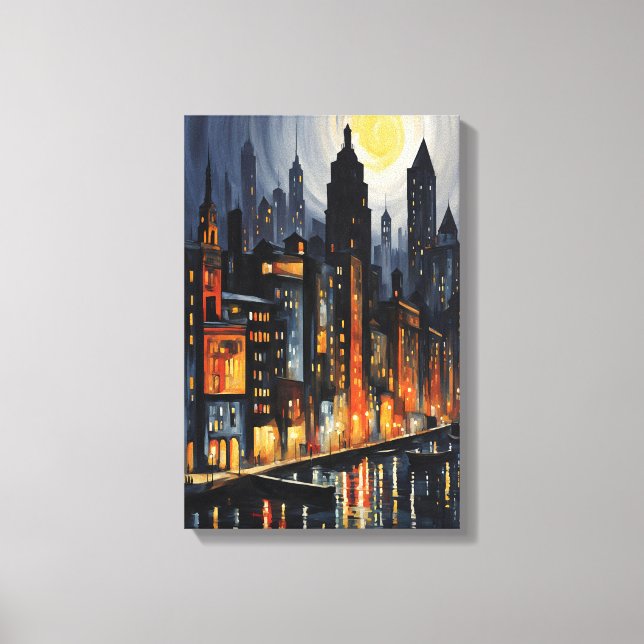 Modern Urban Nightscape – City Skyline at Dusk Art Canvas Print (Front)