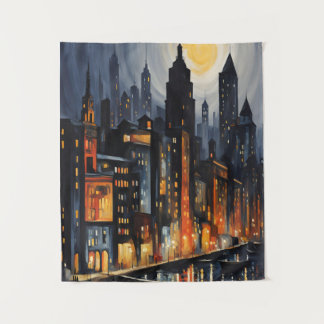 Modern Urban Nightscape – City Skyline at Dusk Art Tapestry