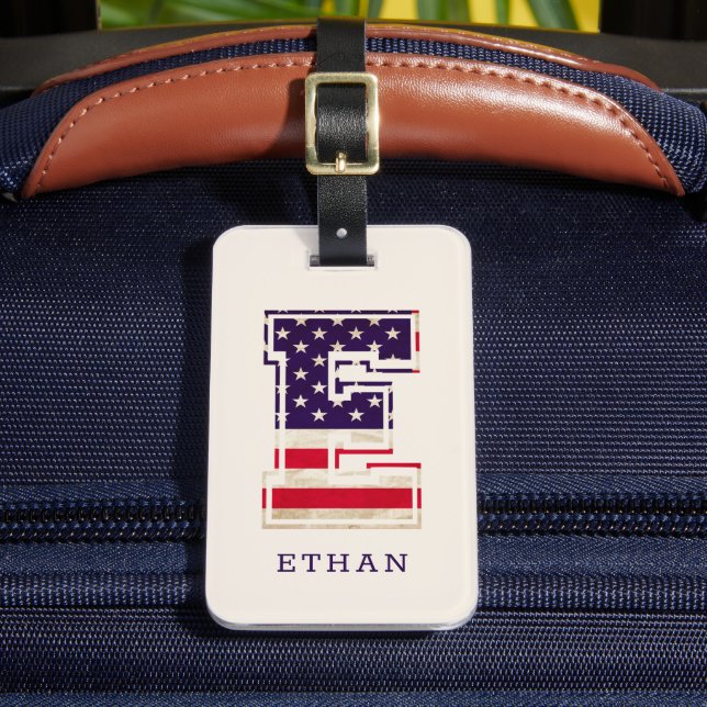 Modern USA Flag Monogram E Luggage Tag (Front Insitu 2)