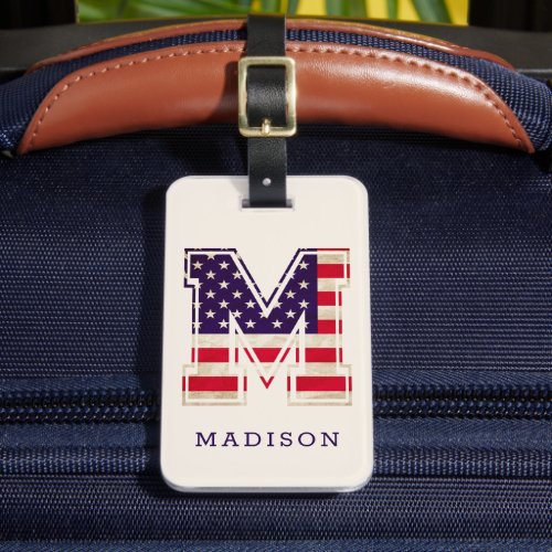 Modern USA Flag Monogram M Luggage Tag
