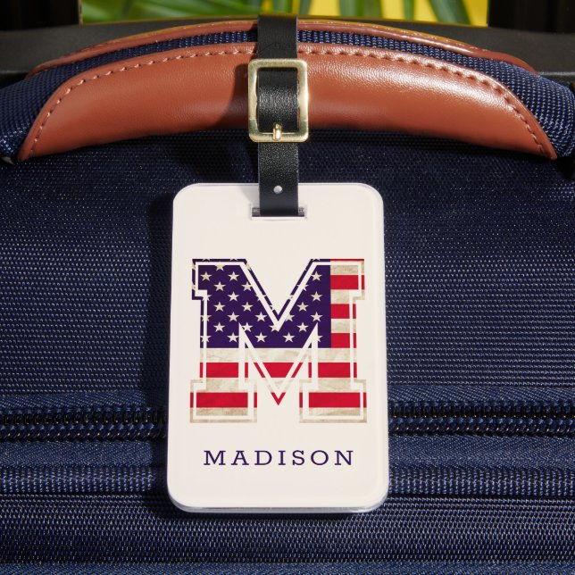 Modern USA Flag Monogram M Luggage Tag (Front Insitu 2)