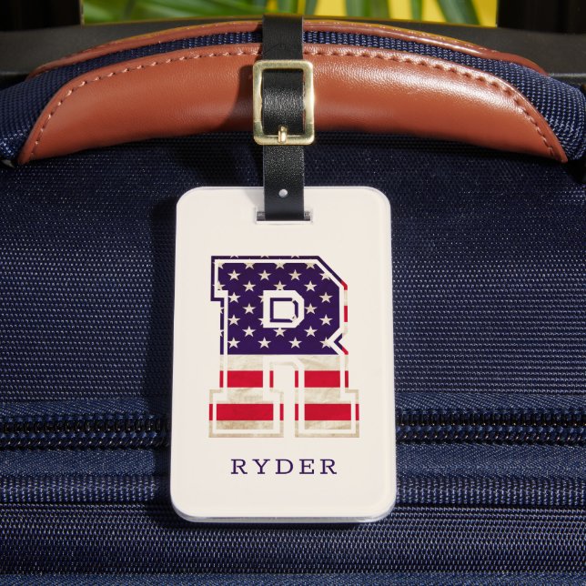 Modern USA Flag Monogram R Luggage Tag (Front Insitu 2)