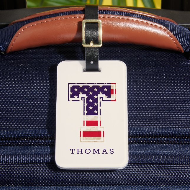 Modern USA Flag Monogram T Luggage Tag (Front Insitu 2)