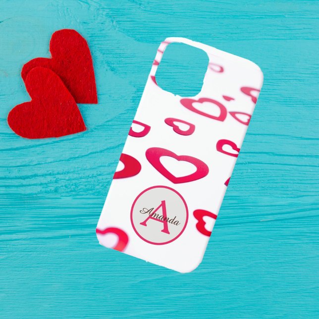 Modern Valentine red hearts with monogram and name Case-Mate iPhone Case (Creator Uploaded)