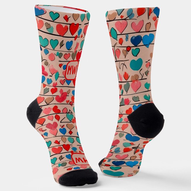 Modern Valentine’s Day colorful hearts, monogram Socks (Creator Uploaded)
