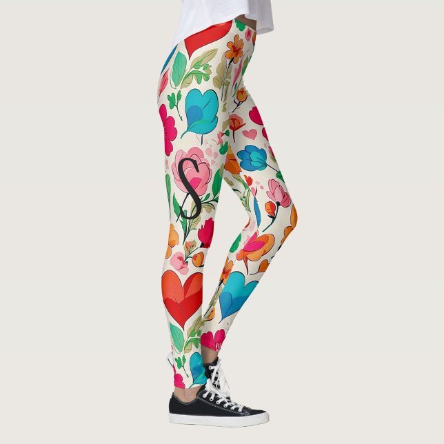 Modern Valentine’s Day floral and hearts monogram Leggings (Creator Uploaded)