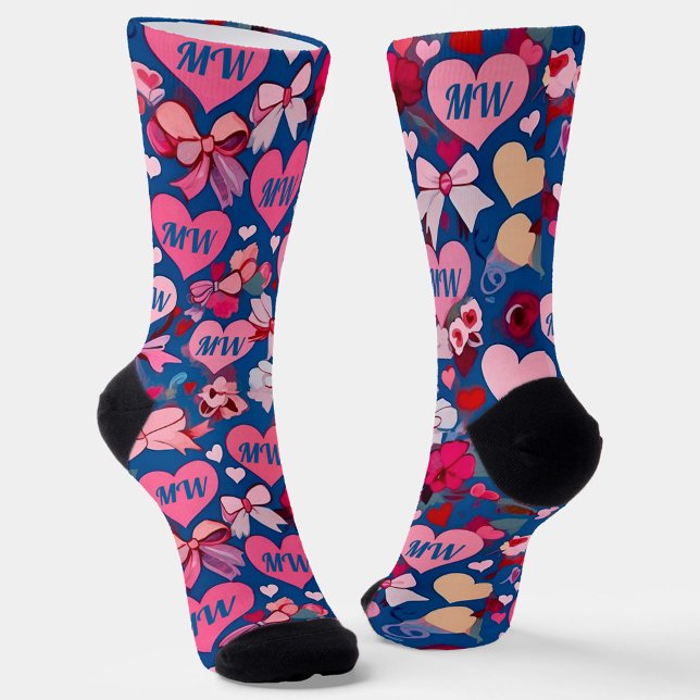 Modern Valentine’s Day floral bows hearts monogram Socks (Creator Uploaded)