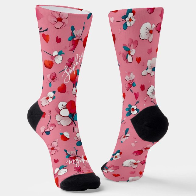Modern Valentine’s Day, red hearts monogram, pink Socks (Creator Uploaded)