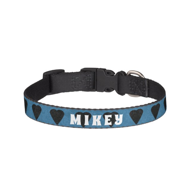 Modern Valentines Day Hearts Grunge Blue Pet Collar (Front)