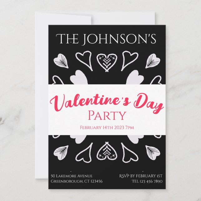Modern Valentines Day Party Hearts Black and White Invitation (Front)
