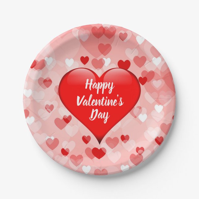 Modern Valentine's Day Red Pink Hearts Party Paper Plates (Front)