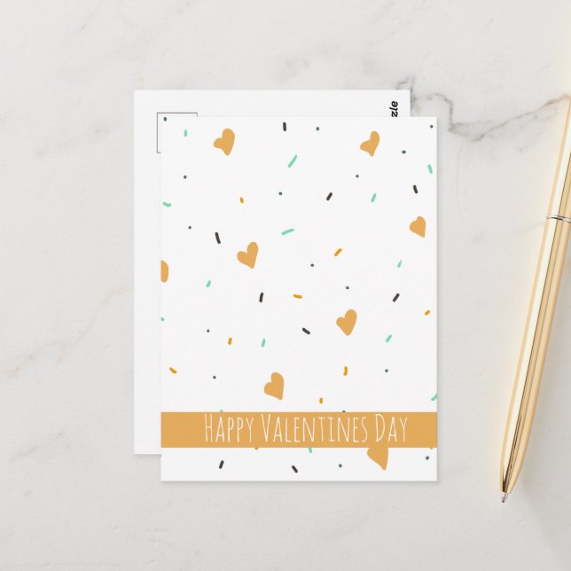 Modern Valentines Day Sprinkle Hearts Mustard   Postcard (Front/Back In Situ)