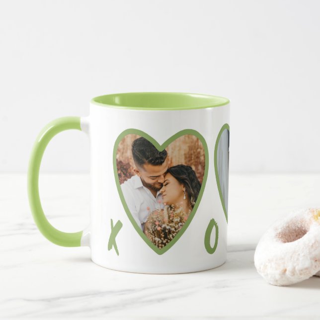 Modern Valentines Green Hearts Photo Collage Mug (With Donut)