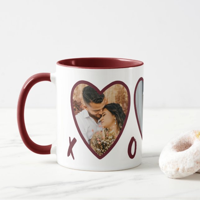 Modern Valentines Red Hearts Photo Collage Mug (With Donut)