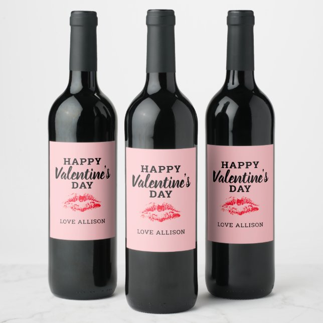 Modern Valentines Red Kiss Pink Personalized Wine Label (Bottles)