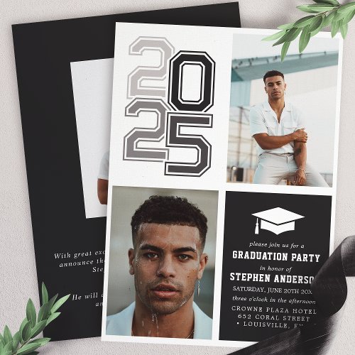 Modern Varsity Black Photo Graduation Party Invitation