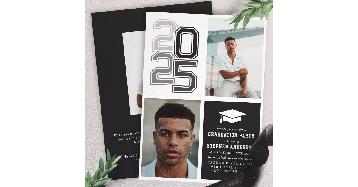 Modern Varsity Black Photo Graduation Party Invitation | Zazzle