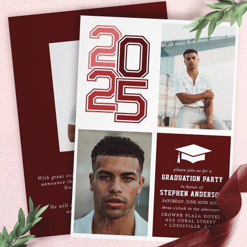 Modern Varsity Burgundy Photo Graduation Party Invitation