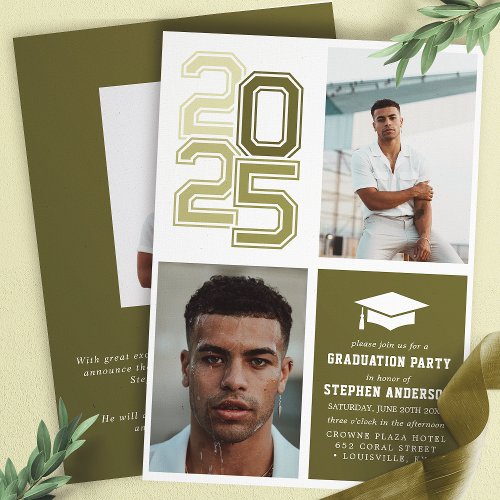 Modern Varsity Moss Green Photo Graduation Party Invitation