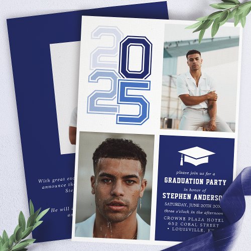 Modern Varsity Navy Blue Photo Graduation Party Invitation