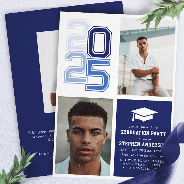 Modern Varsity Navy Blue Photo Graduation Party Invitation (Creator Uploaded)