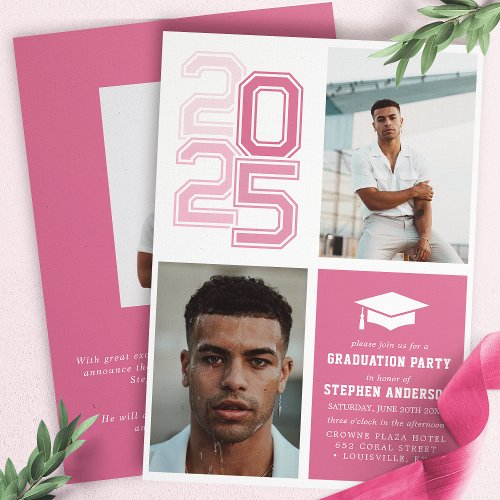 Modern Varsity Pink Photo Graduation Party Invitation