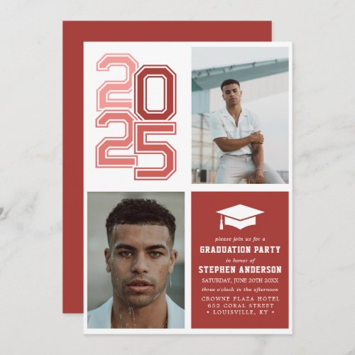 Modern Varsity Red  Photo Graduation Party Invitation