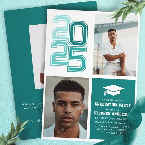 Modern Varsity Teal Photo Graduation Party Invitation