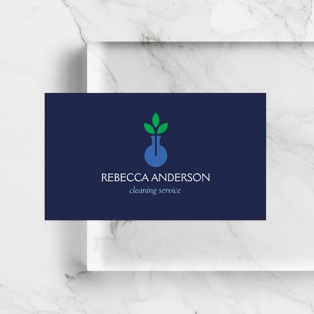 Modern Vase Logo Cleaning Service Dark Blue Business Card