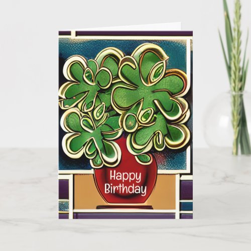 Modern Vase of ShamrocksClovers Happy Birthday Card