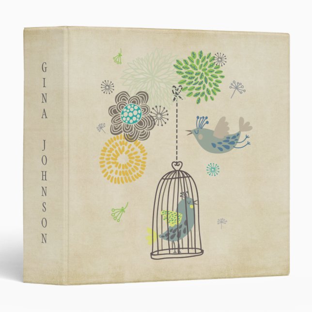Modern Vector Birds Cage Flowers Office Binder (Front/Spine)