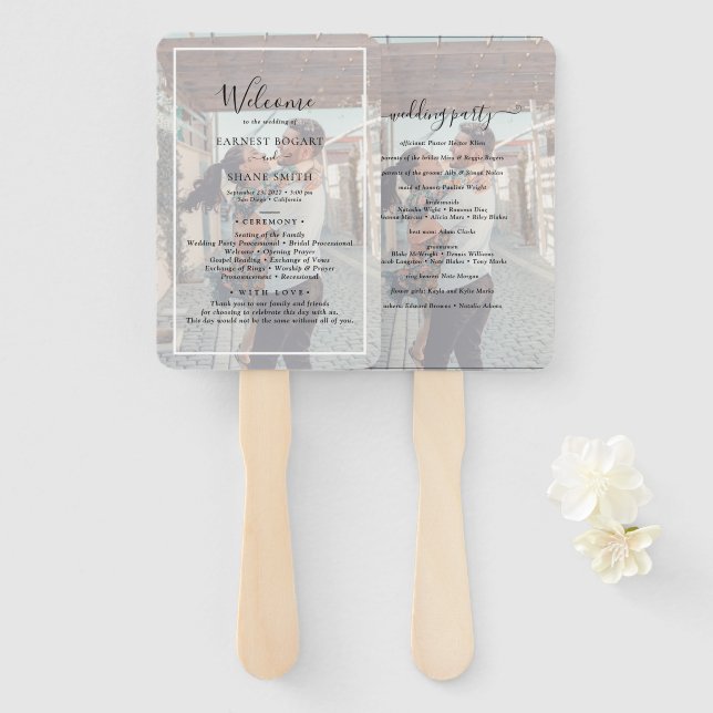 Modern Vellum Effect Overlay Photo Wedding Program Hand Fan (Front and Back)