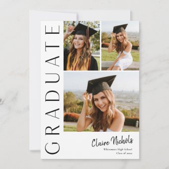 Modern Vertical 3 Photo Collage Graduation Invitation | Zazzle