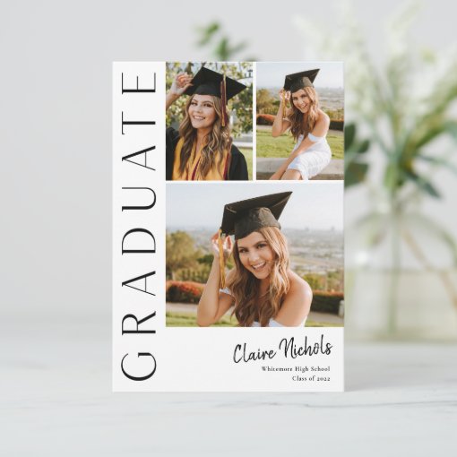 Modern Vertical 3 Photo Collage Graduation Invitation | Zazzle