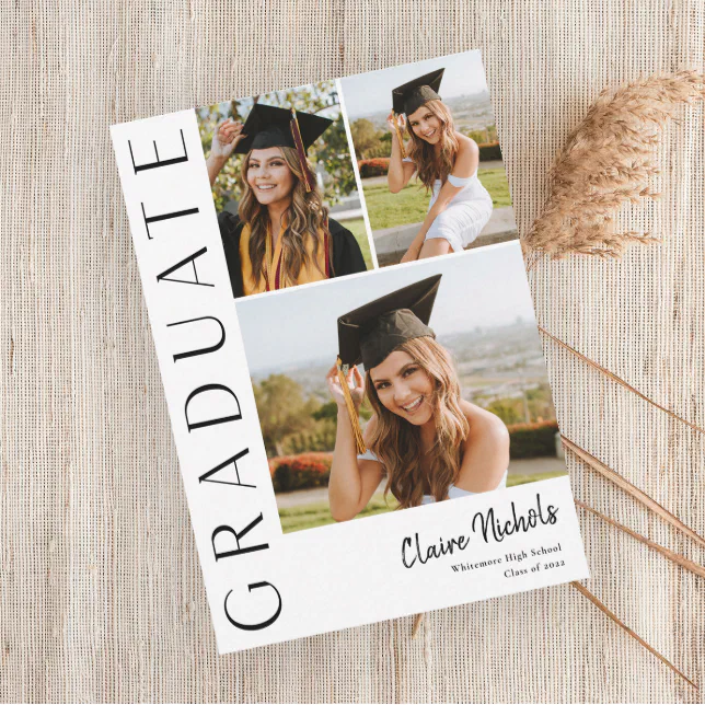 Modern Vertical 3 Photo Collage Graduation Invitation 