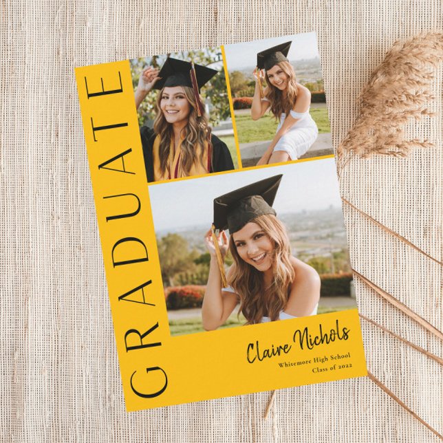 Modern Vertical 3 Photo Collage Graduation Invitation (Modern Typography 3 Photo Collage Graduation Party Announcement Invitation.)