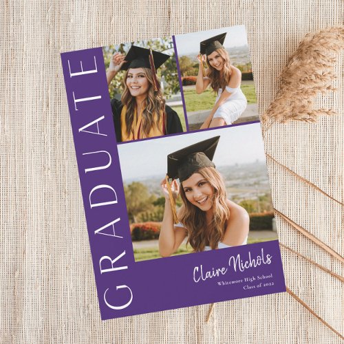 Modern Vertical 3 Photo Collage Graduation Invitation