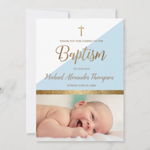 Modern Vertical Blue Boy Photo Baby Baptism Thank You Card