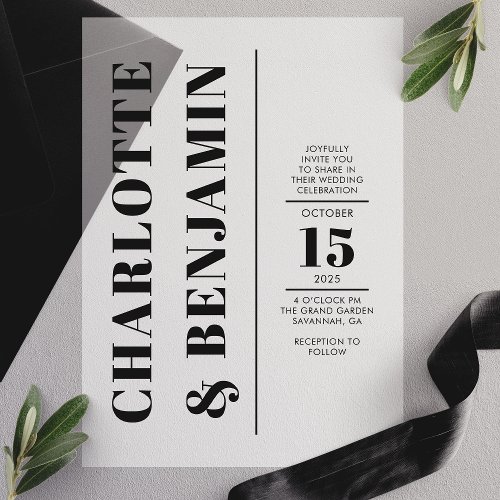 Modern Vertical Bold Black Wedding Vellum Invitations