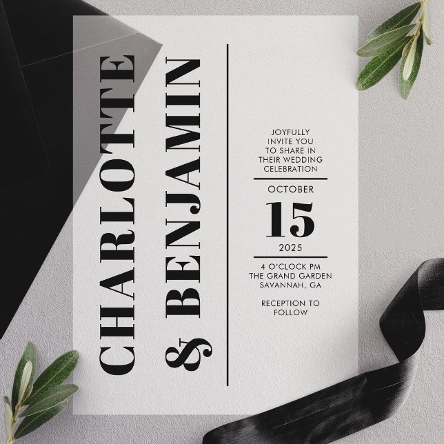 Modern Vertical Bold Black Wedding Vellum Invitations (Creator Uploaded)