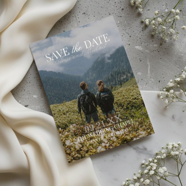 Modern Vertical Double-sided Photo Save The Date Foil Invitation (Invite guests to save the date with this Modern Double-sided Photo Save The Date Foil Card!)