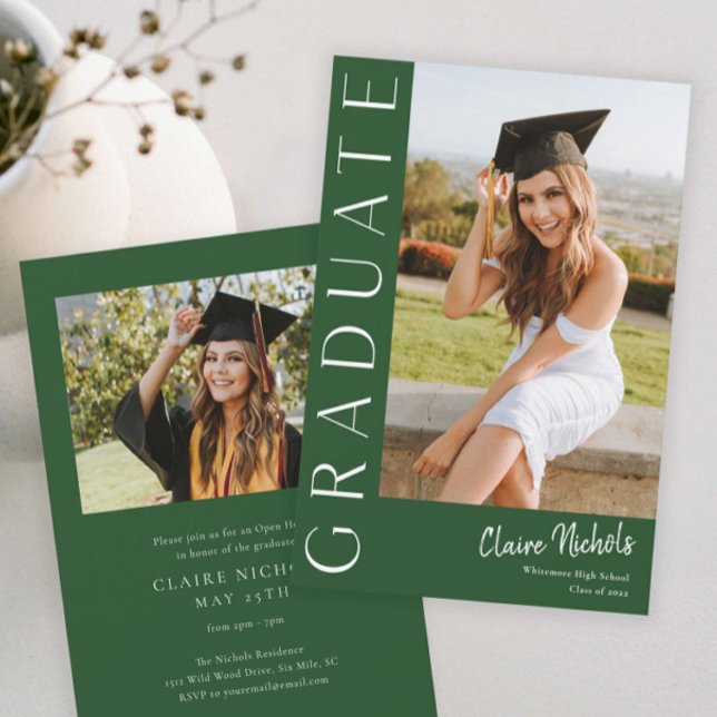 Modern Vertical Green Photo Graduation Invitation (Modern Green Photo Graduation Invitation.)