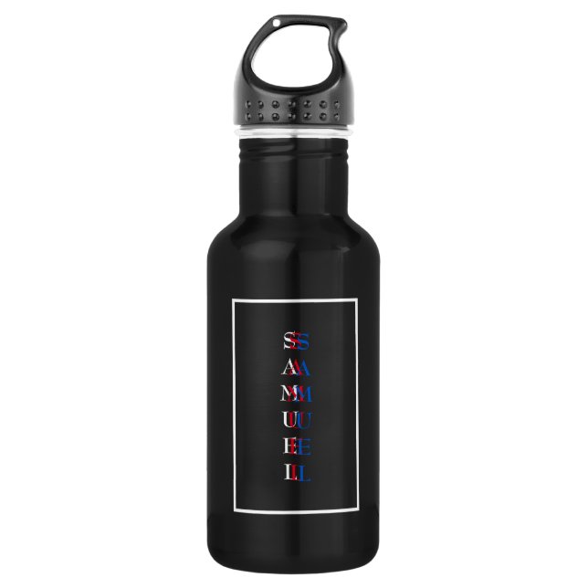 Modern Vertical Monogram Black White Stainless Steel Water Bottle (Front)