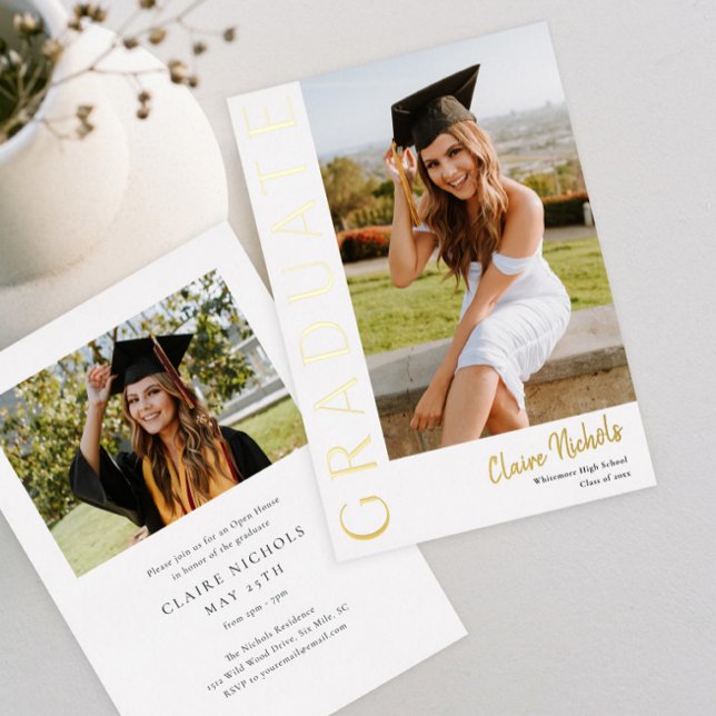 Modern Vertical Photo Graduation Foil Invitation (Modern Typography Graduation Photo Foil Invitations.)