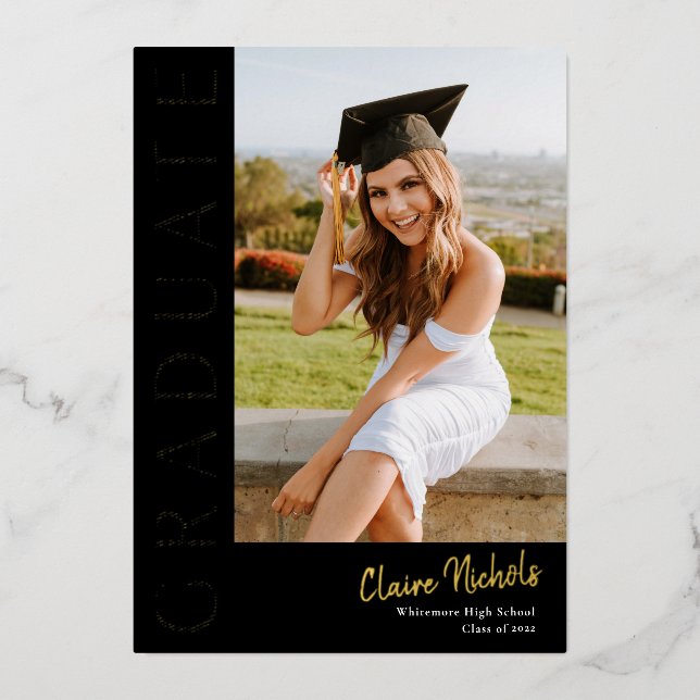 Modern Vertical Photo Graduation Gold Foil Invitation (Front)