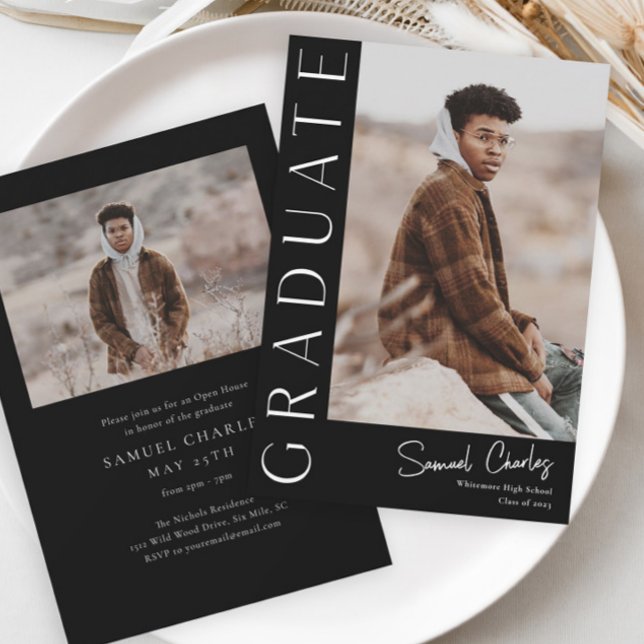 Modern Vertical Photo Graduation Invitation (Modern typographic 2 photo graduation announcement invitation.)