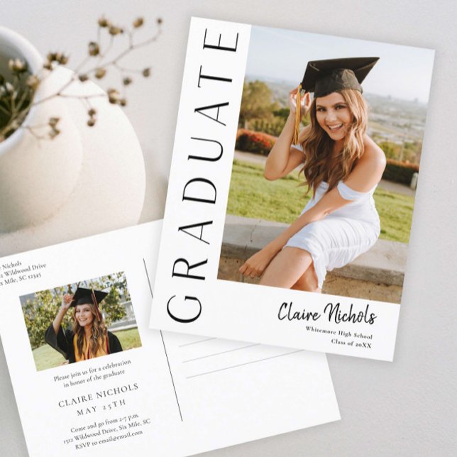 Modern Vertical Photo Graduation Invitation Postcard (Modern Typography Photo Graduation Invitation Postcard.)