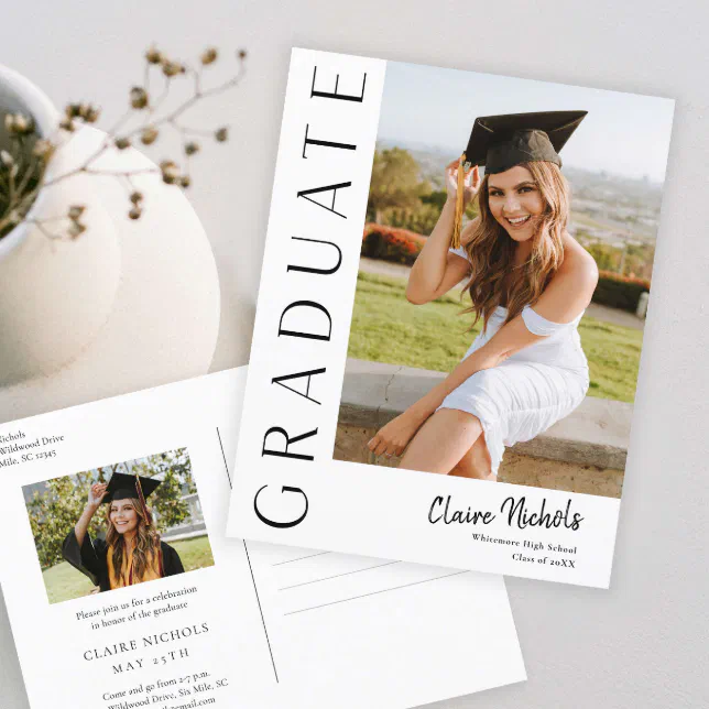 Modern Vertical Photo Graduation Invitation Postcard | Zazzle